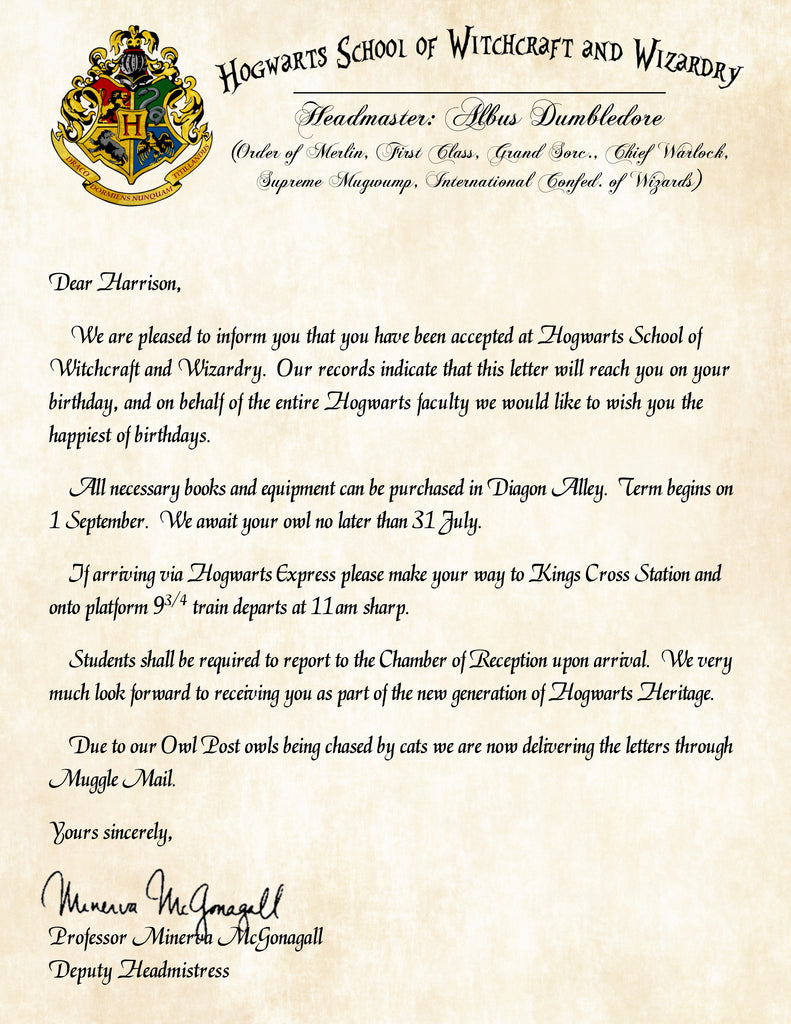 Hogwarts Personalized Harry Potter Acceptance Letter with Birthday Wis