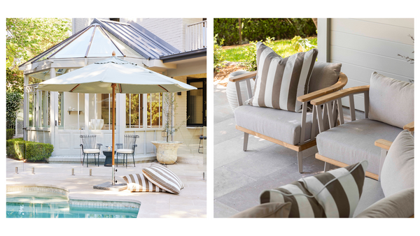 Erins urban Farmhouse Poolside featuring Onyx and smoke outdoor cushions