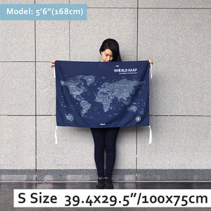 UMade, UMap world map (wall hanging) Small size demo with real person for scale reference. Detailed size information and guide.