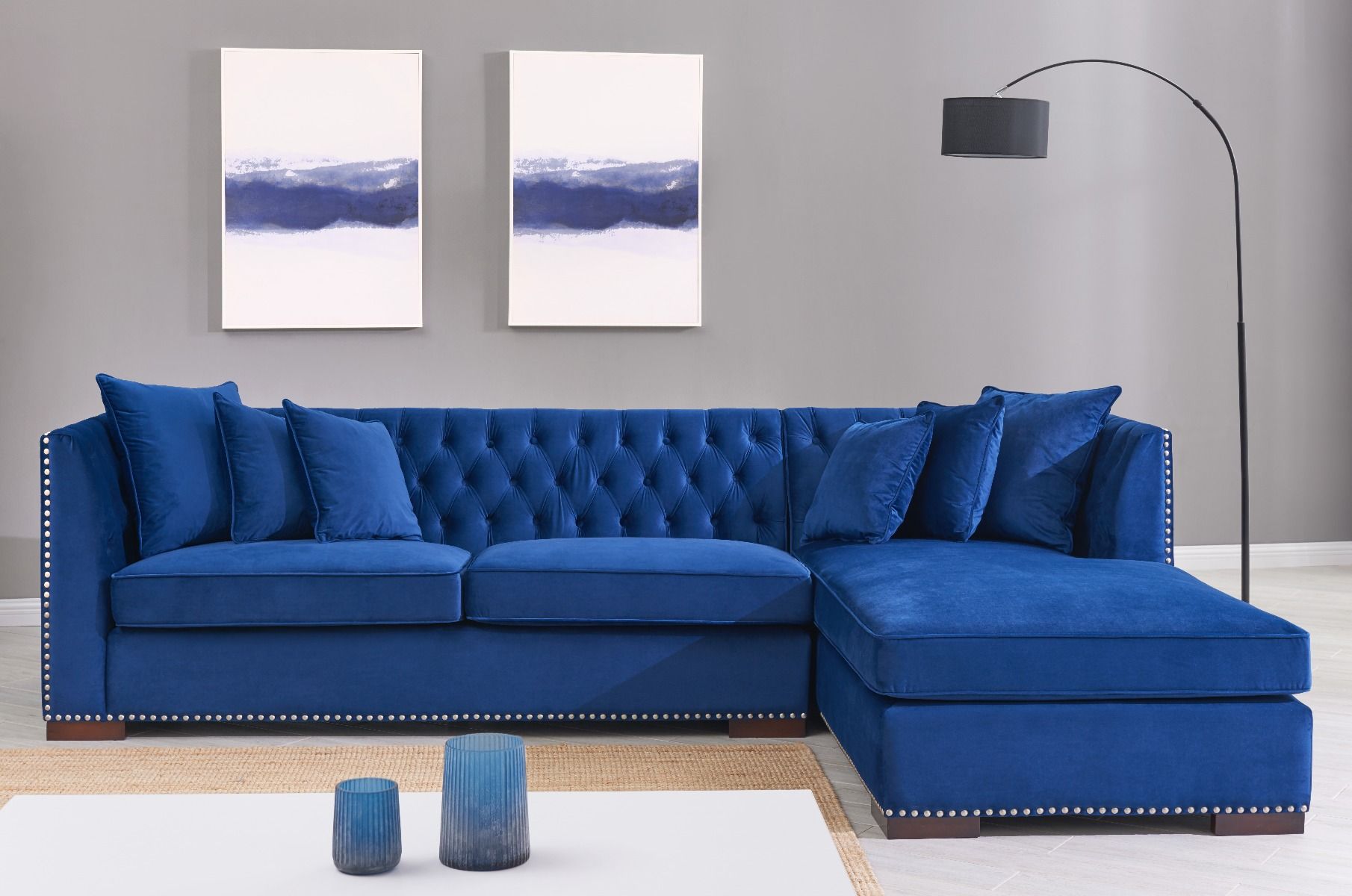 Royal Blue Velvet Chesterfield Corner Sofa Chic Concept