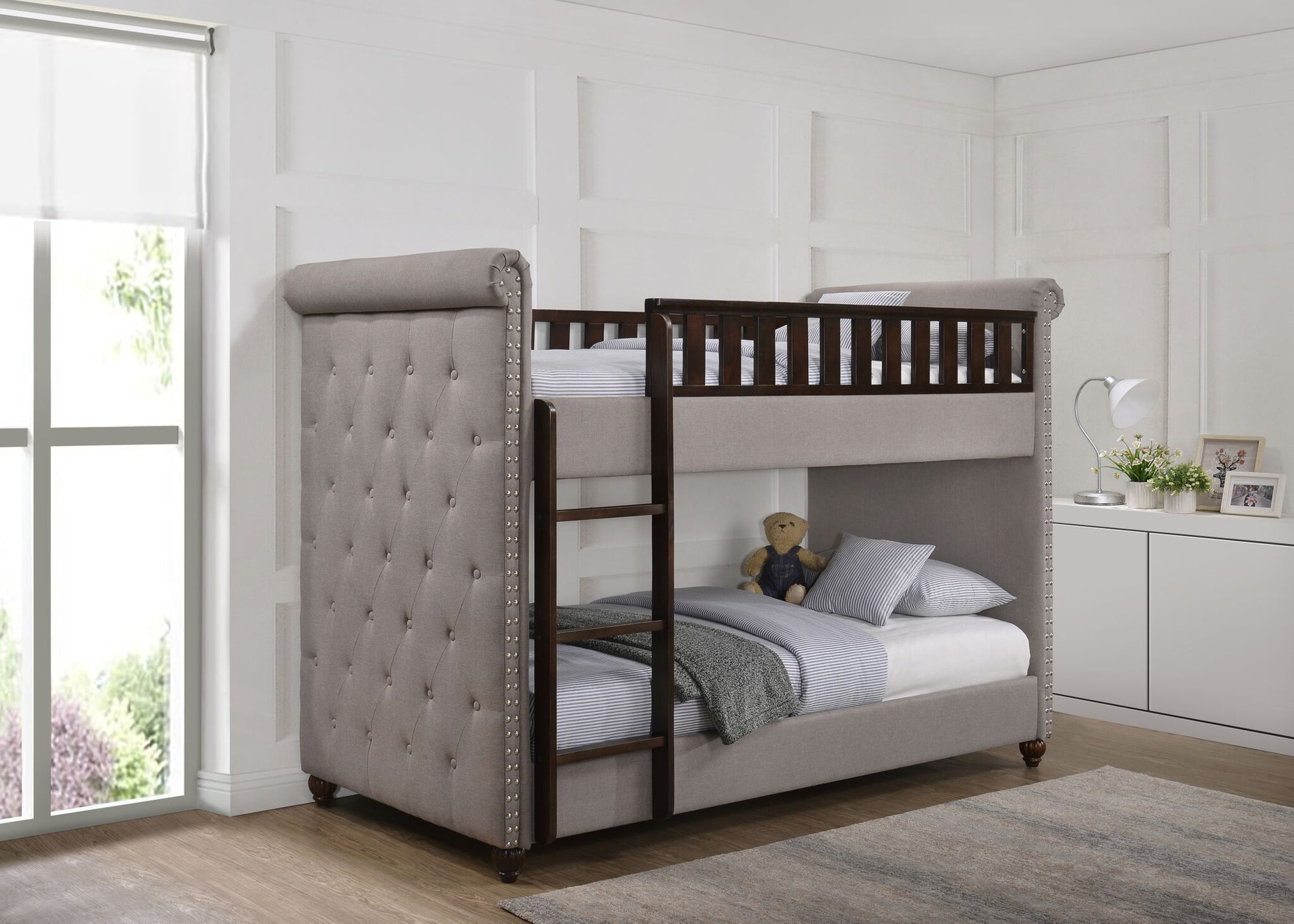 light grey bunk beds