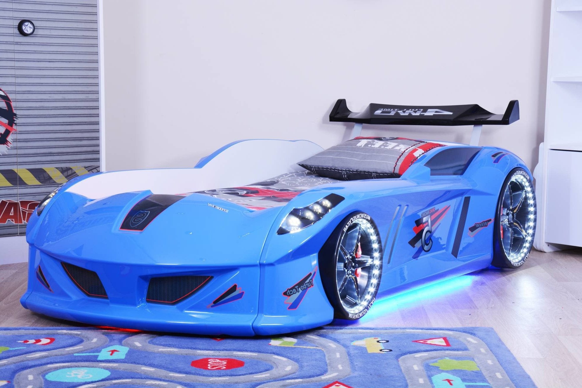 blue race car bed