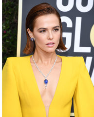 Zoey Deutch wears Harry Winston Ceylon Blue Sapphire and Diamond Pendant and Earrings at 2020 Golden Globes - Imagery 4