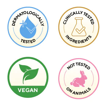 Dermatologically tested, Clinically tested ingredients, vegan and not tested on animals - mobile