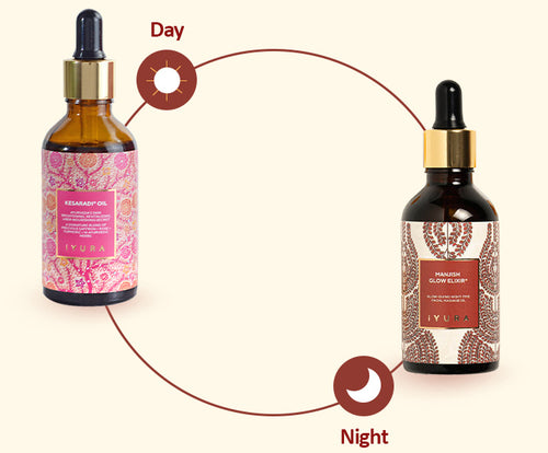 Two products including iYURA Kesaradi oil for the day time and iYURA Manjish Glow Elixir for night time routine.