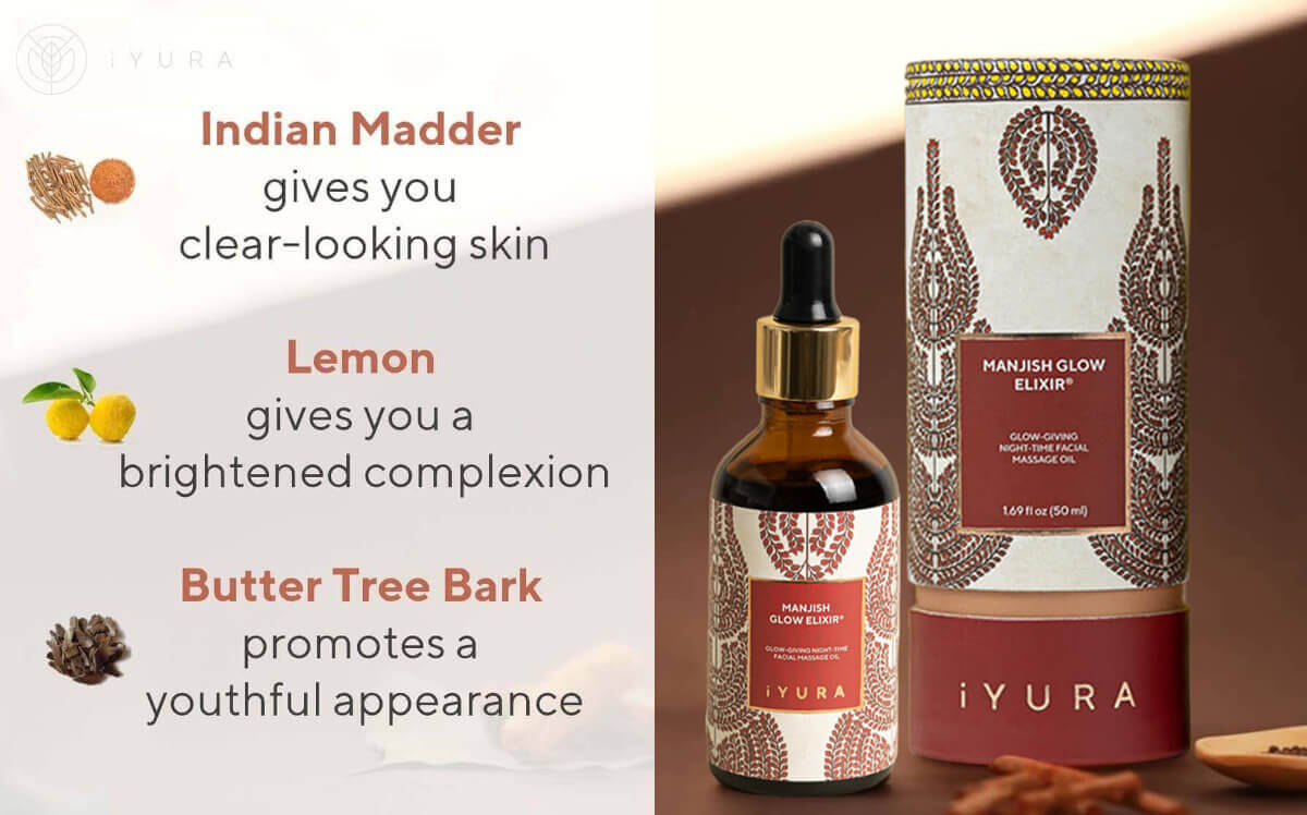 Image of Manjish with benefits of ingredients: Indian Madder that gives you clear-looking skin; Lemon that gives brightened complexion and butter tree bark that promotes a youthful appearance 