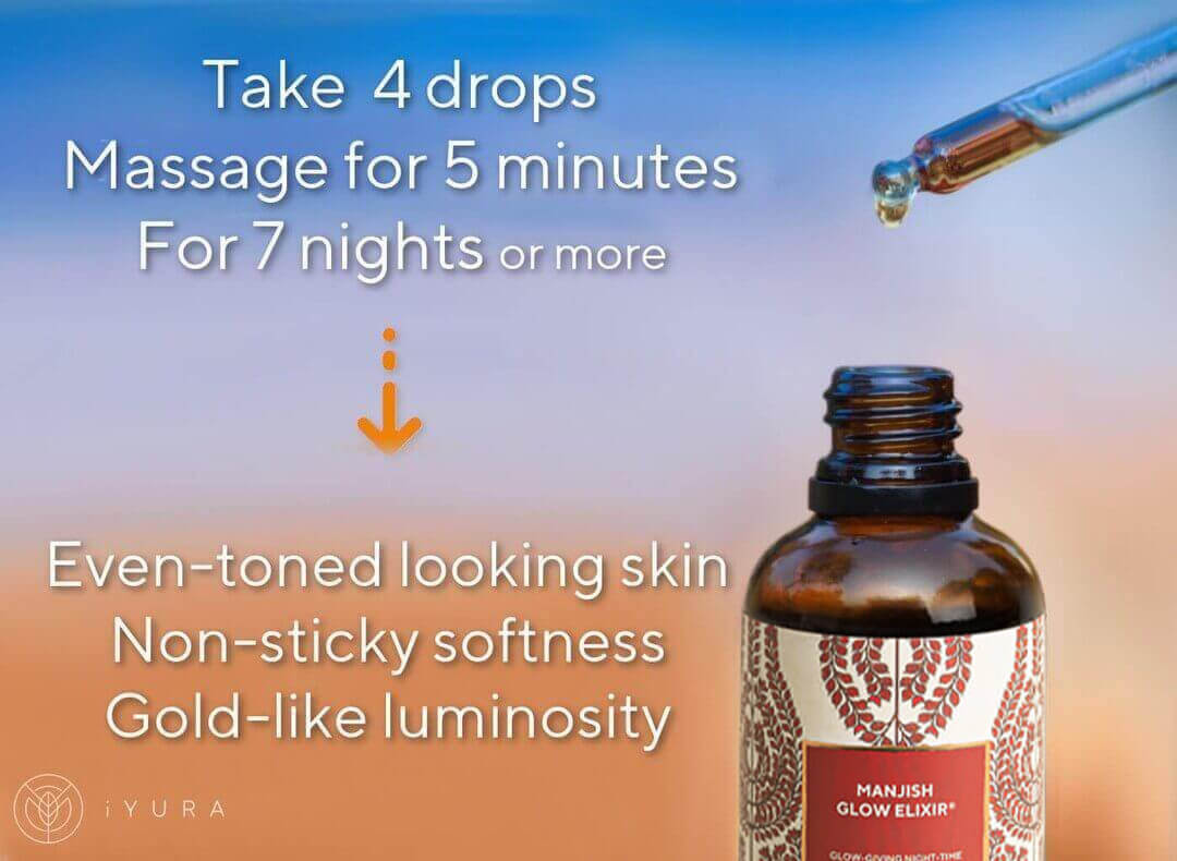 Image of Majish bottle with dropper and which reads take 4 drops massage for 5 minutes for 7 nights or more;even-toned looking skin non-sticky softness gold-like luminosity