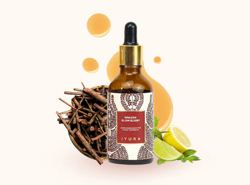 Manjish Glow Elixir with all ingredients such as Manjistha, Wild Lemon and Butter Tree, and oil texture.