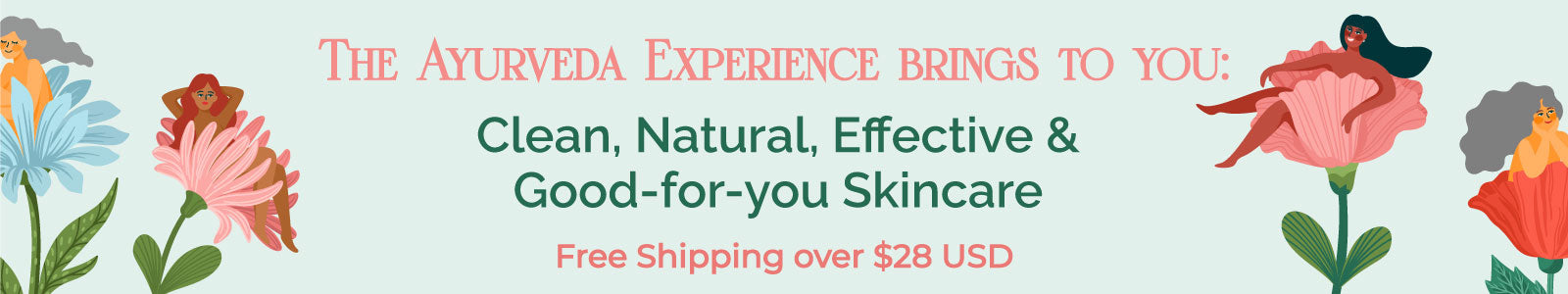 Image reads THE AYURVEDA EXPERIENCE BRINGS TO YOU: Clean, Natural, Effective & Good-for-you Skincare Free Shipping over $28 USD.