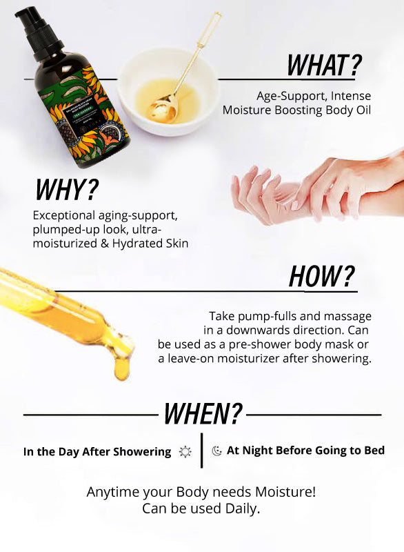 Balaayah tea garden is used for exceptional aging support, plumped up looking skin. How is it used? By taking pump fulls of the oil and massaging across the body. it can be used in the day after showering and before going to bed at night.