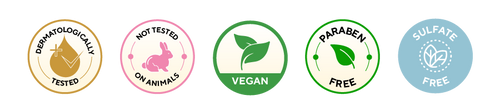 Badges for Paraben Free, Sulfate Free, Vegan, Not tested on animals, Dermatologically Tested - Desktop 1