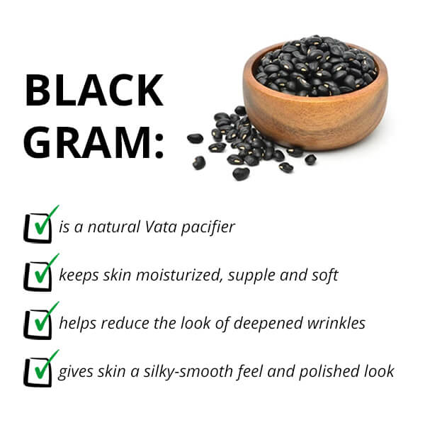 An infographic image showing benefits of black gram seeds including a natural Vata pacifier keeps skin moisturized, supple and soft helps reduce the look of deepened wrinkles agives skin a silky-smooth feel and polished look.