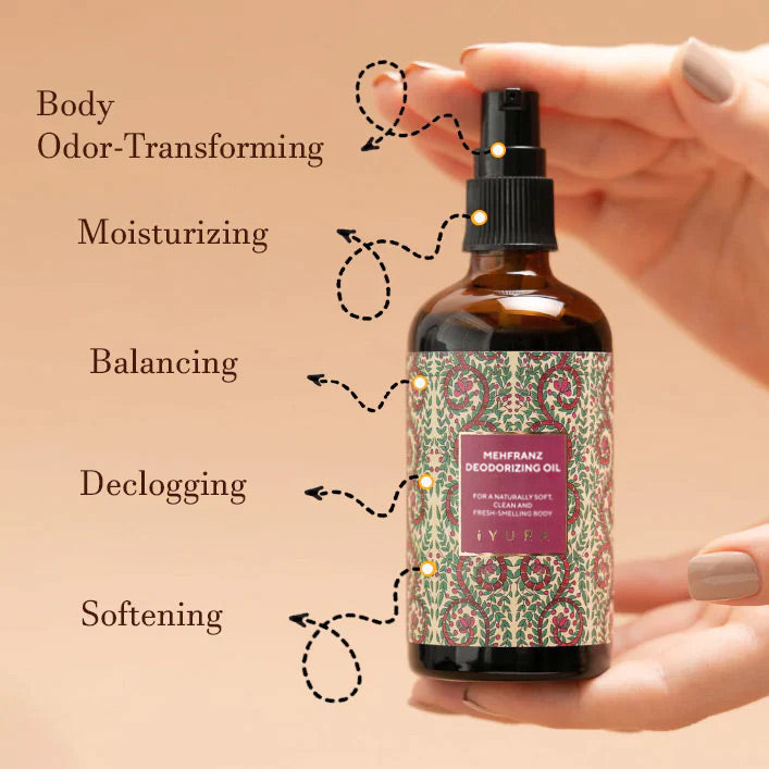 Mehfranz Bottle showing benefits: Body-odor transforming, moiturizing, Balancing, declogging, softening