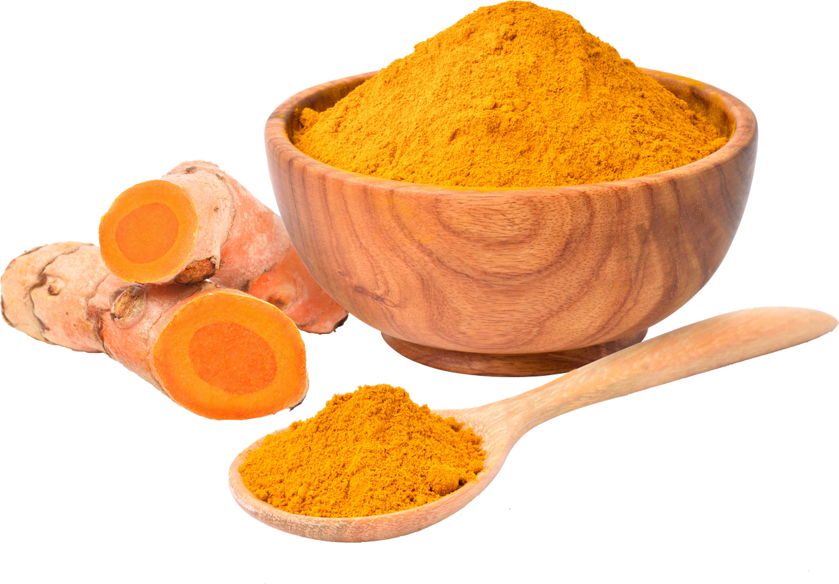 This is a picture of turmeric in ladle, bowl and two logs.