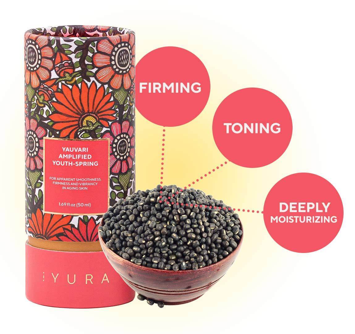 Infographic that show Yauvari Amplified Youth Spring with its main ingredient, black gram in a bowl, with text that says Firming, Toning and Deeply moisturizing