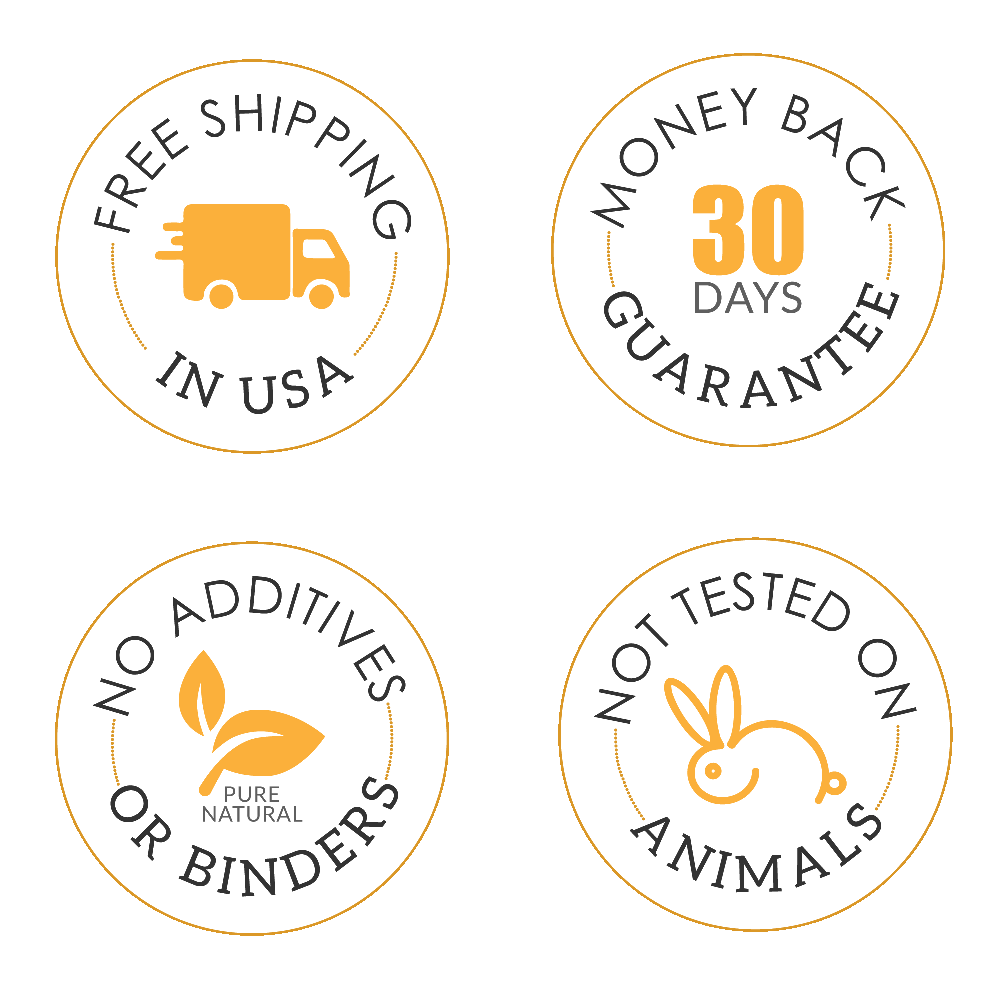 Second set of desktop badges that show you get Free shipping, a 30-day money back guarantee, there are no additives or binders in this product, and it is not tested on animals