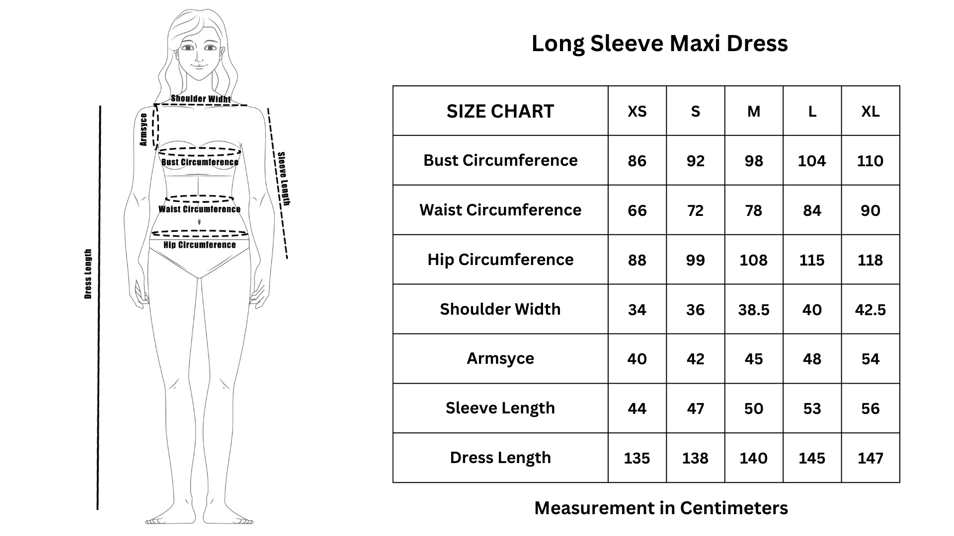 Long Sleeve Maxi Dress Size Chart Barli Asmara