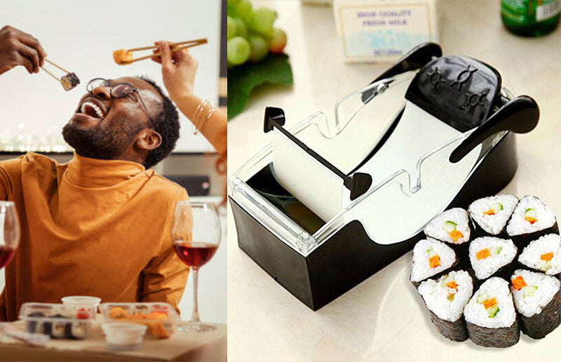 a man eating a sushi he made through a sushi maker