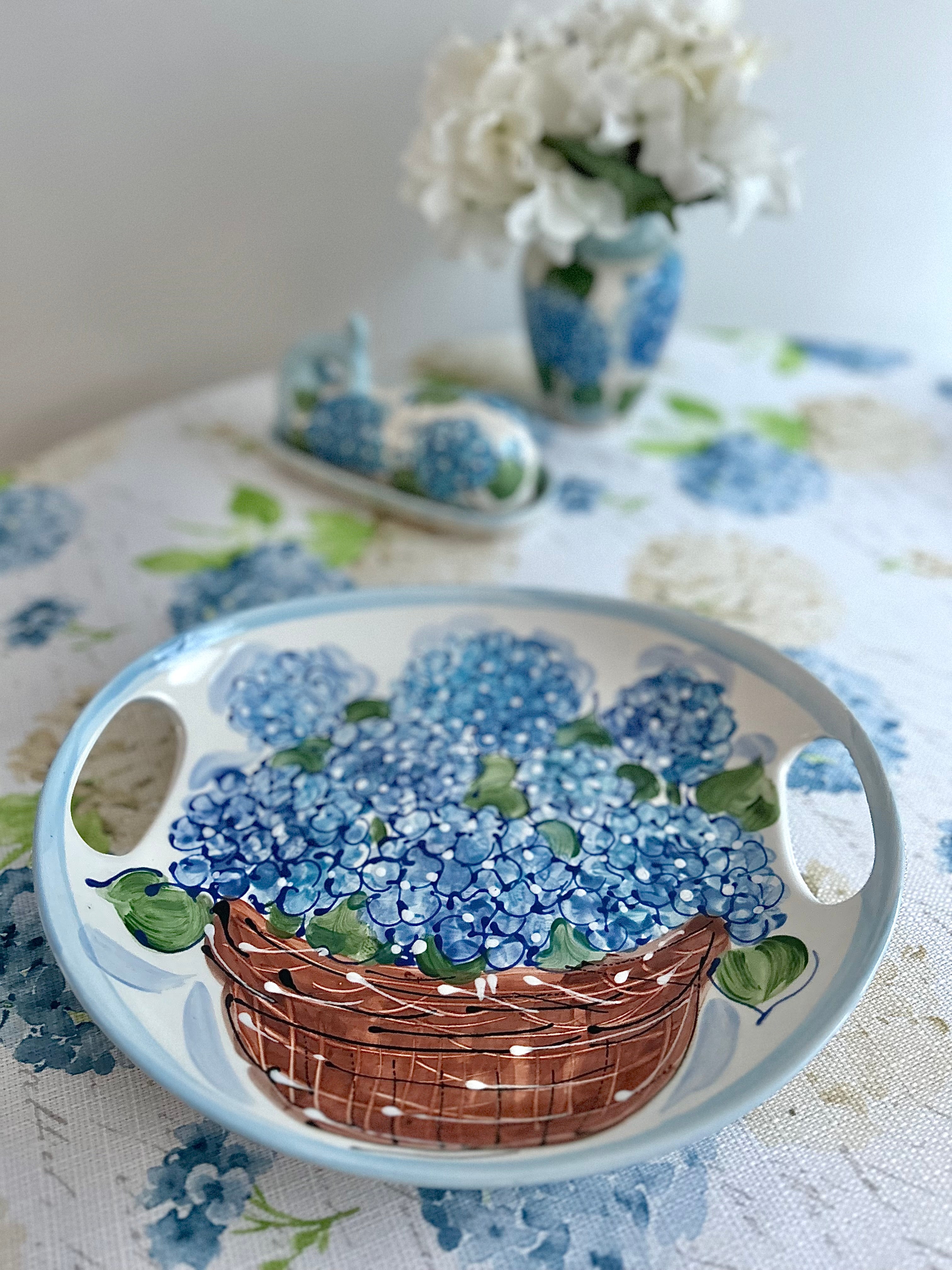 Blue Hydrangea Basket in Bloom Handcrafted Serving Platter