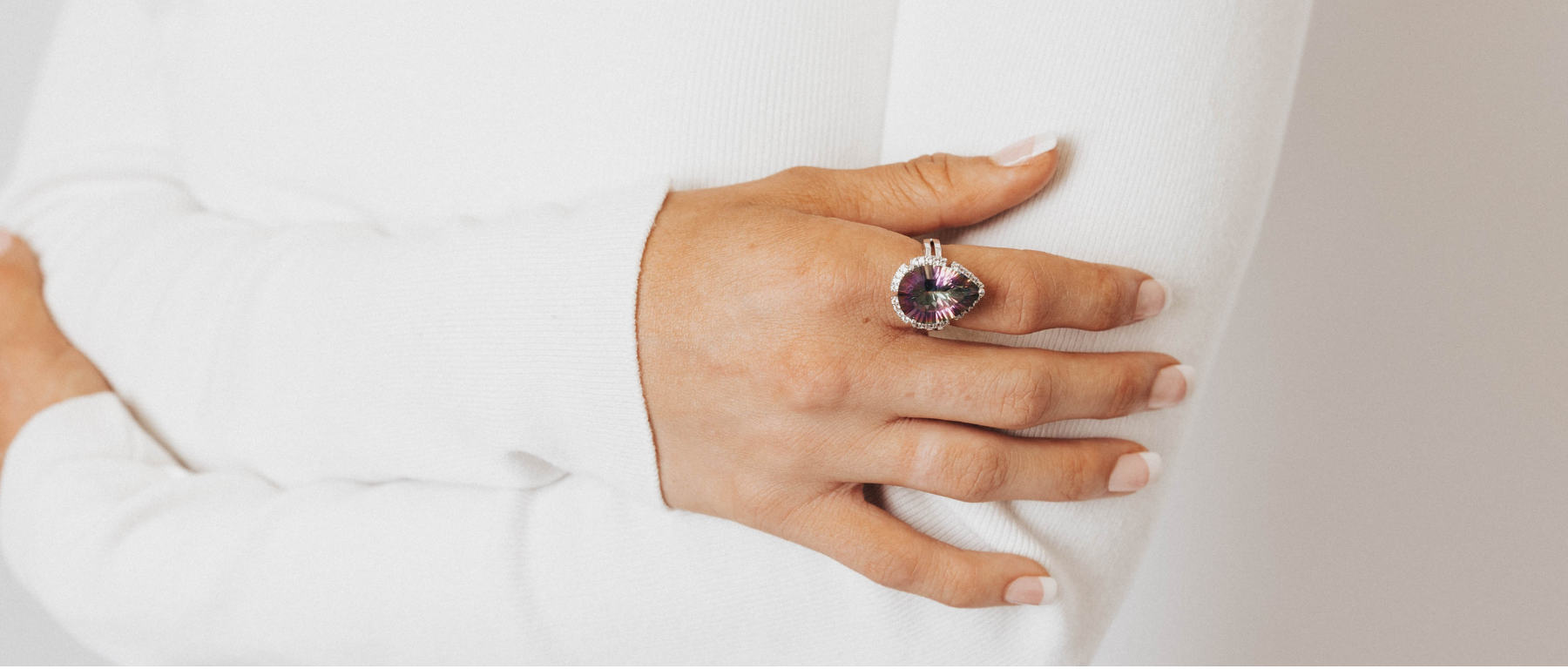 Mystic Quartz Teardrop Ring In Sterling Silver With White Topaz