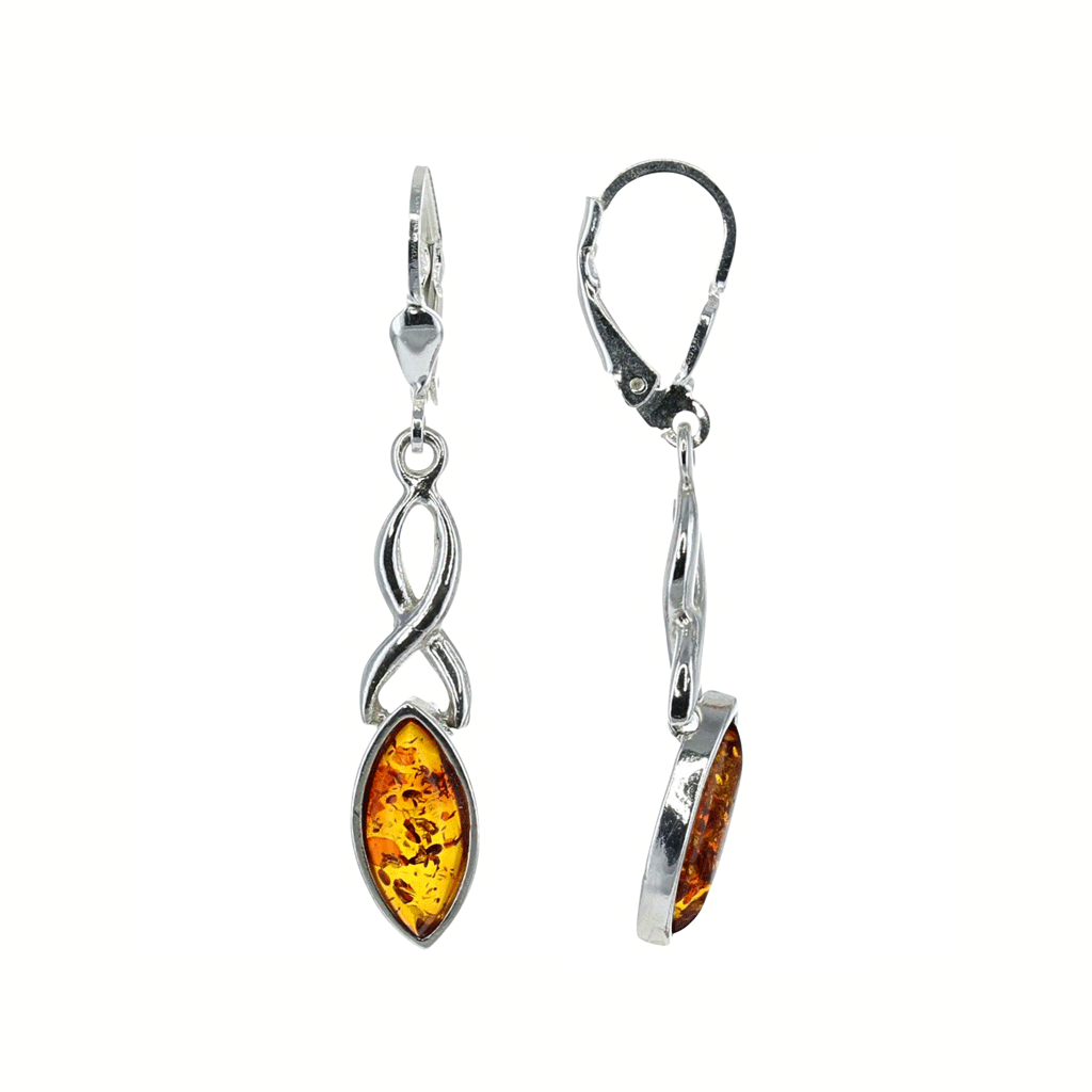 Honey Amber Earrings in Sterling Silver with Ribbon Detail