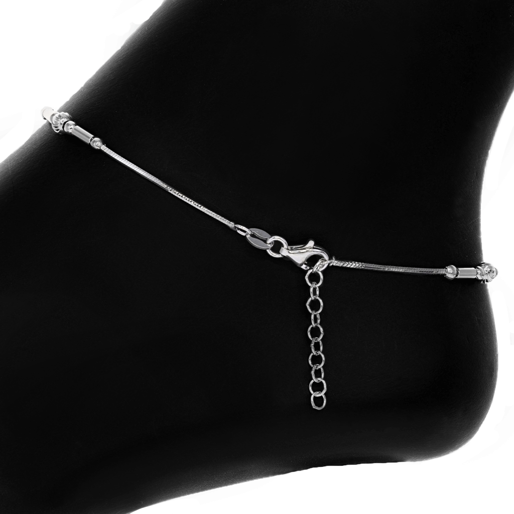 Sterling Silver 4 Station Bead Anklet in Rhodium Overlay