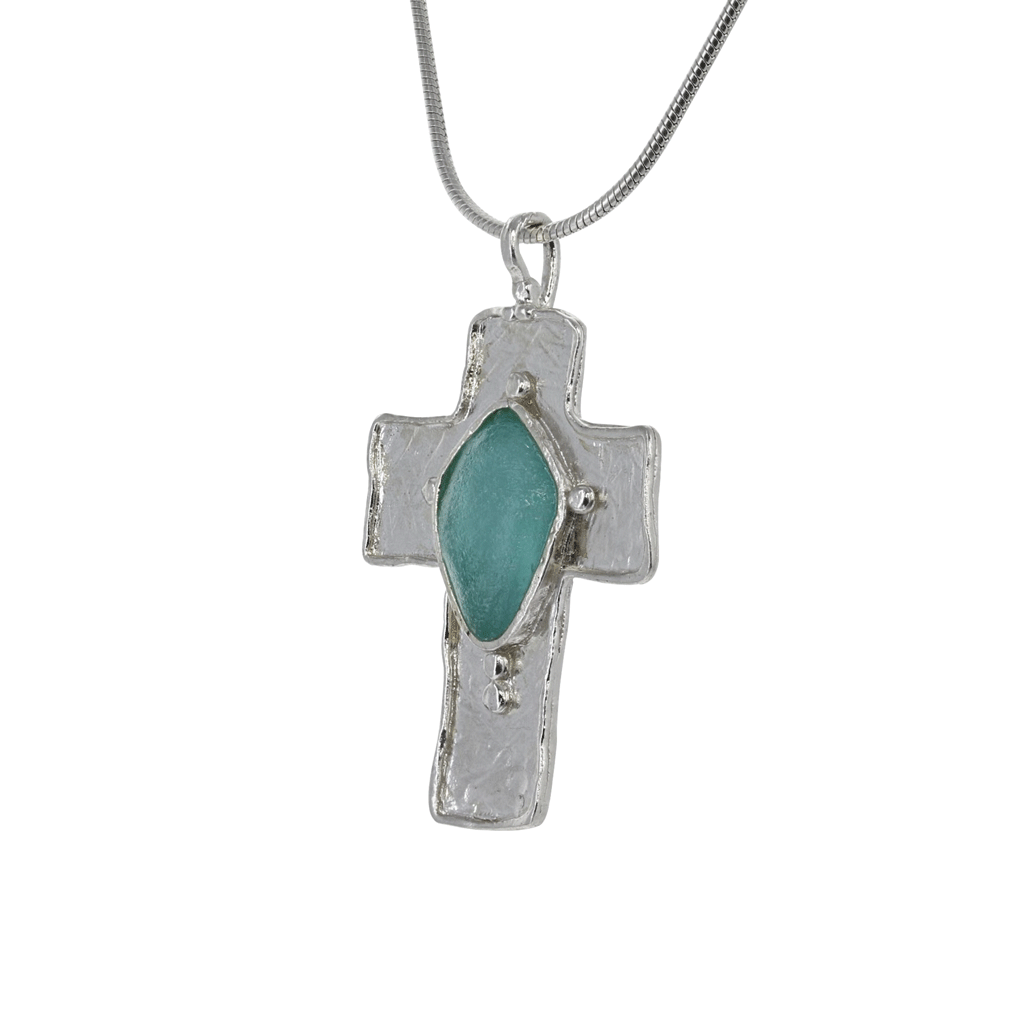 Sterling Silver Cross with Translucent Roman Glass Pendant