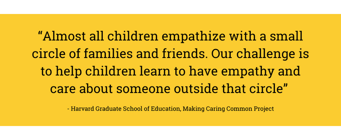 Almost all children empathize with and care about a small circle of families and friends.  Our challenge is to help children learn to have empathy and care about someone outside that circle