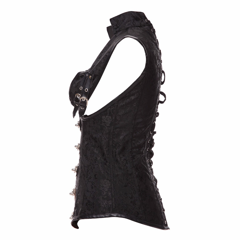 Black Brocade Collared Steampunk Corset Vest – The Official Strange ...