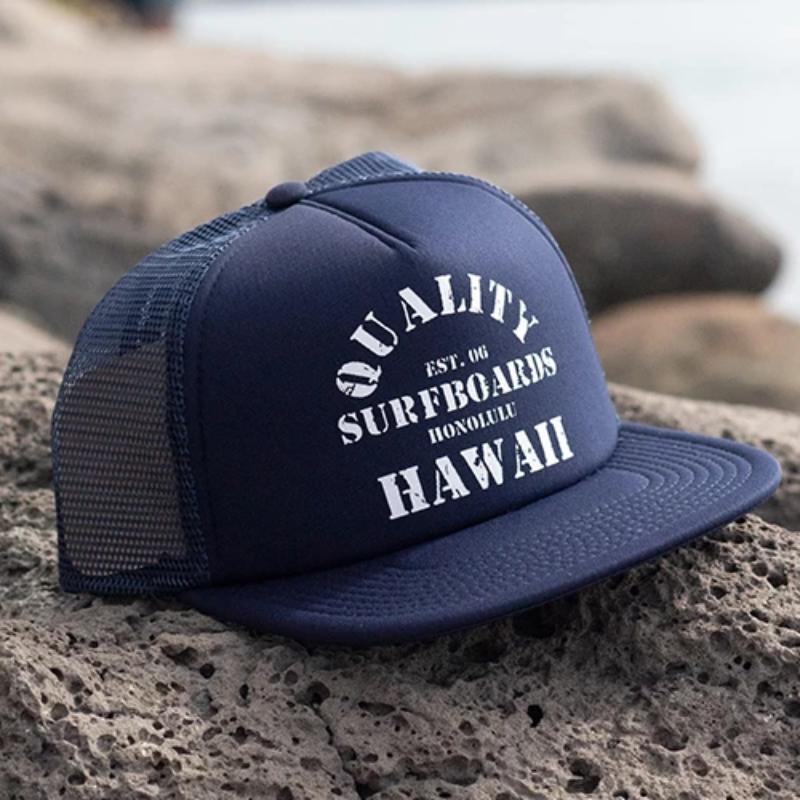 Est ブルーにトラック運転手帽子白 Quality Surfboards Hawaii