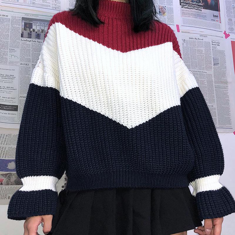 itGirl Shop | AESTHETIC GIRL WARM KNIT OVERSIZED COLOR BLOCK SWEATER