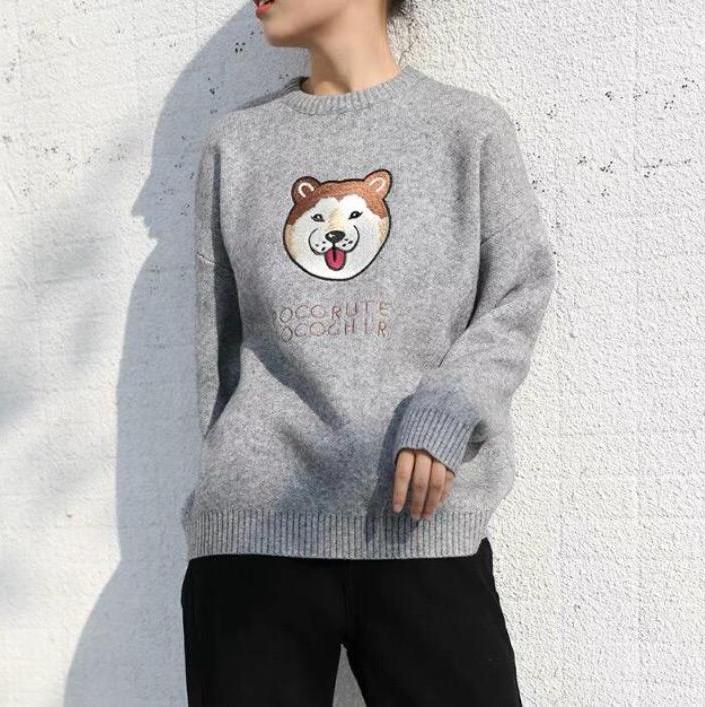 AKITA SHIBA INU DOG EMBROIDERY O-NECK 