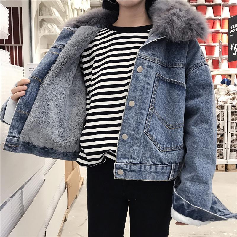 itGirl Shop | BACK POCKETS DENIM VELVET INSIDE FAUX FUR HOOD JACKET