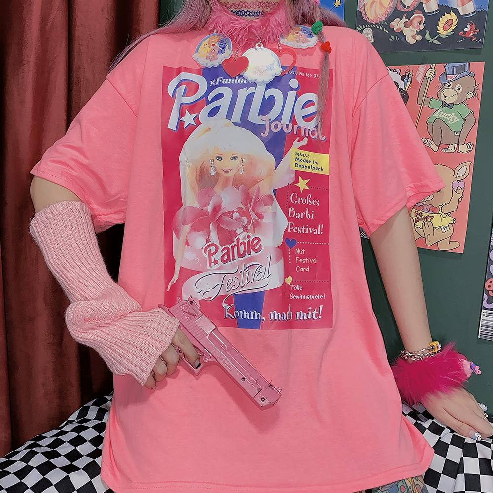 Itgirl Shop Barbie Print Pastel Aesthetic Oversized Pink T Shirt
