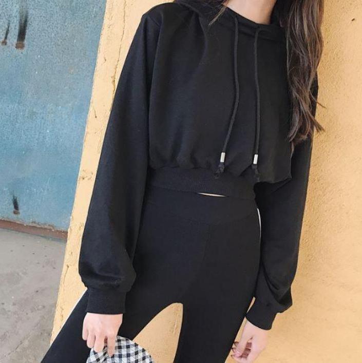 itGirl Shop - Aesthetic Clothing -Basic Gray Black Cropped Hooded