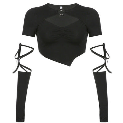 itGirl Shop | Black Heart Buckle Cutout Sleeve Straps Crop Top