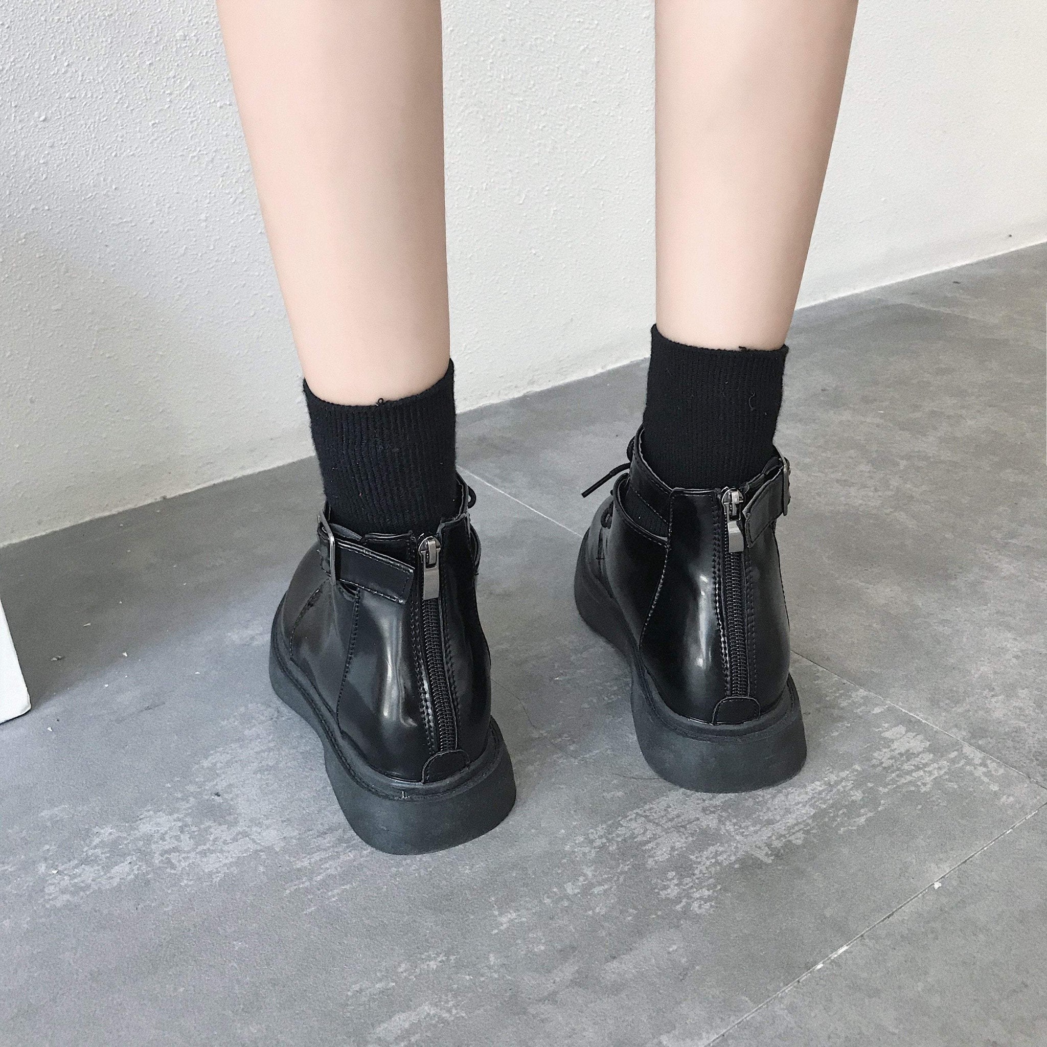 itGirl Shop - Aesthetic Clothing -Black Pu Zipper Boots With Cutouts