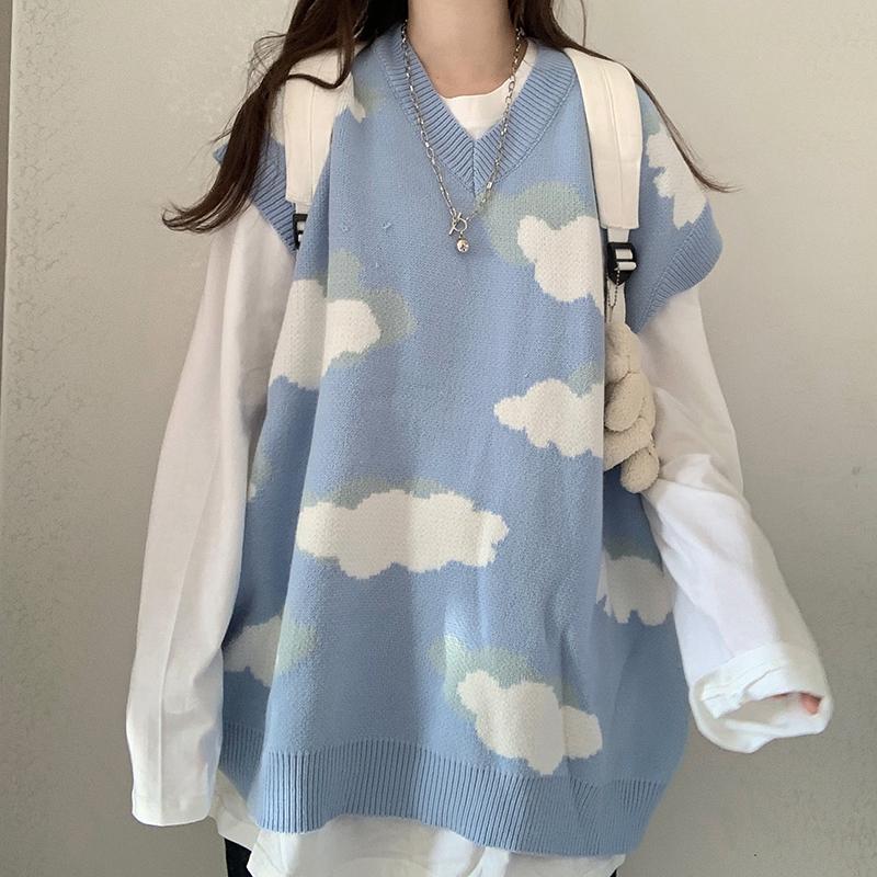 itGirl Shop | BLUE CLOUDS CUTE AESTHETIC LOOSE KNIT VEST SWEATER