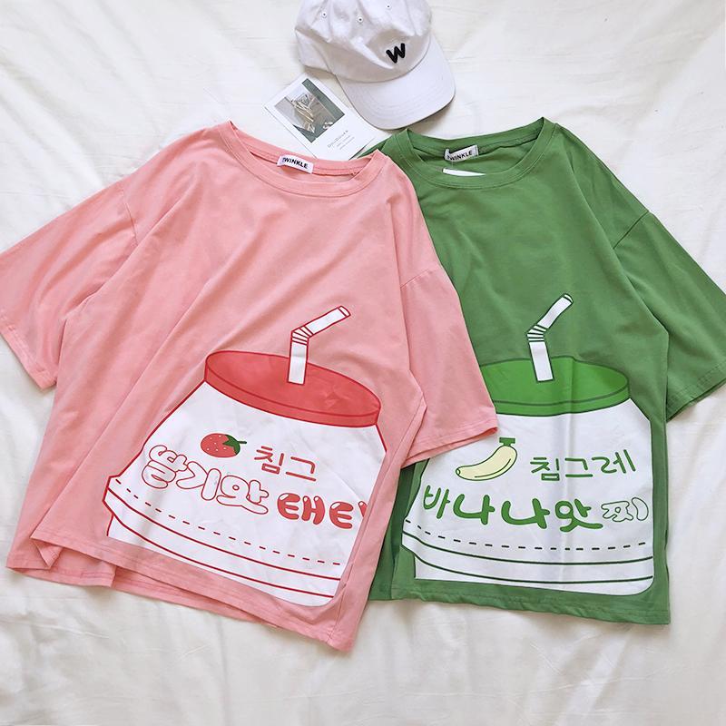 itGirl Shop | CUTE STRAWBERRY MILK BOX PRINTED OVERSIZED T-SHIRT