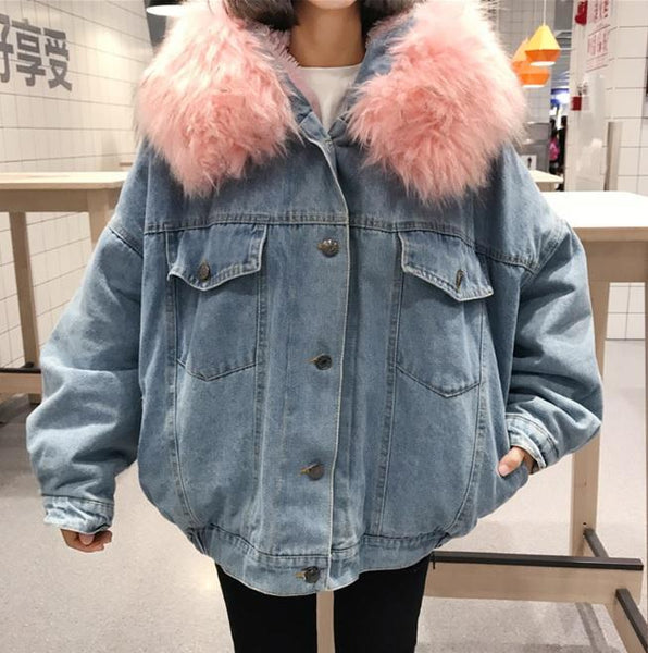 denim jacket with fur hood