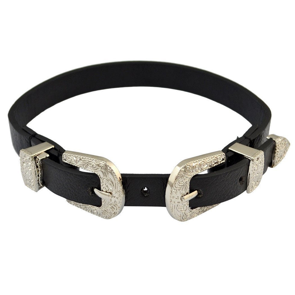 itGirl Shop | DOUBLE TWINS METALLIC BUCKLES LEATHER BELT CHOKER