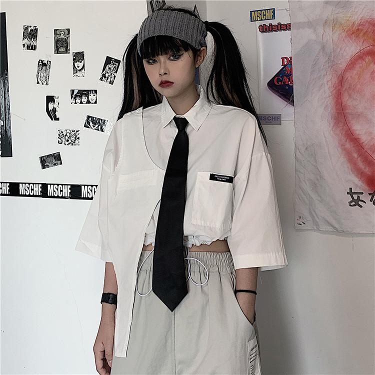itGirl Shop | EGIRL OUTFIT ASYMETRIC CROPPED SHIRT WITH TIE