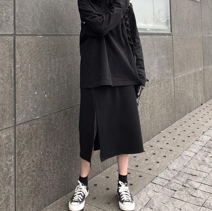 itGirl Shop - Aesthetic Clothing -Grunge Black Side Slit Midi Skirt