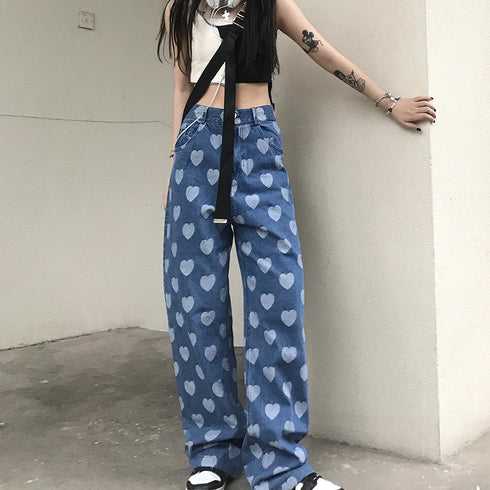 itGirl Shop | HEART PRINTED SOFT GIRL AESTHETIC BAGGY JEANS