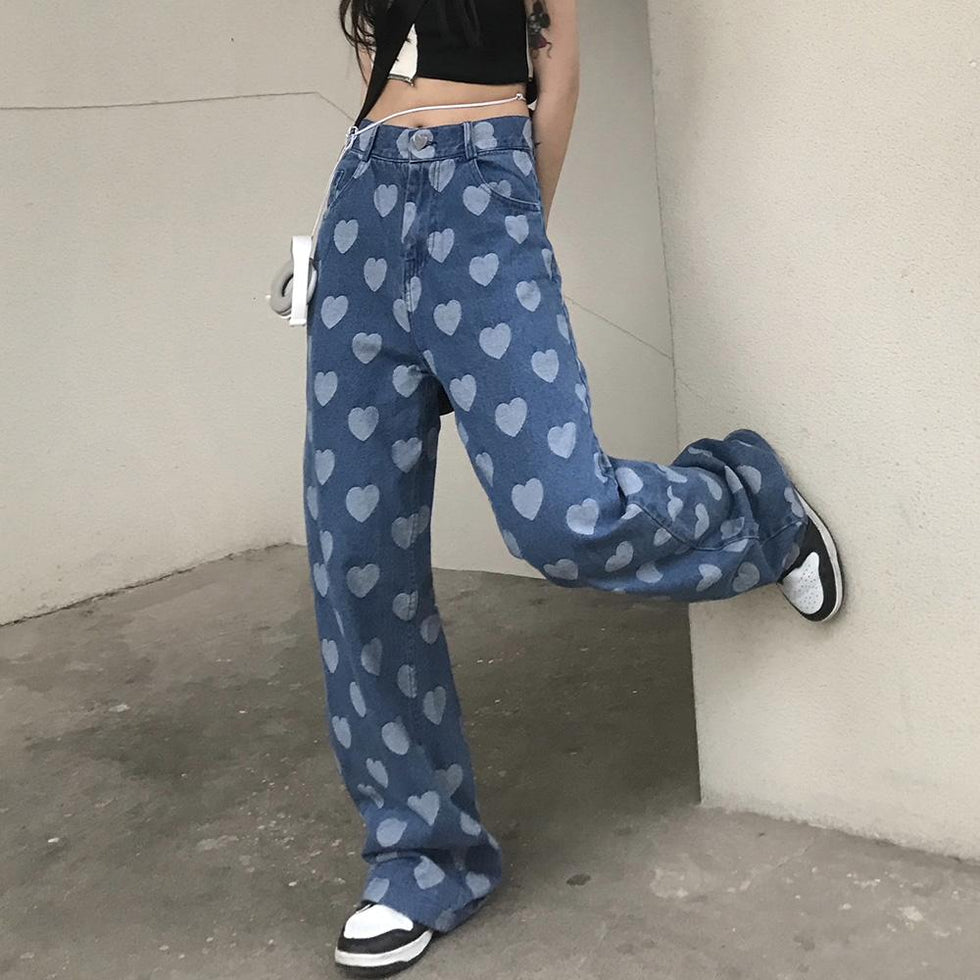 itGirl Shop | HEART PRINTED SOFT GIRL AESTHETIC BAGGY JEANS