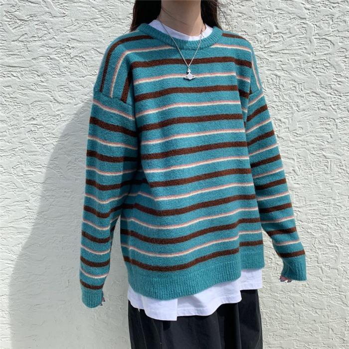 itGirl Shop | KOREAN AESTHETIC ROUND NECK STRIPED KNITTED SWEATER