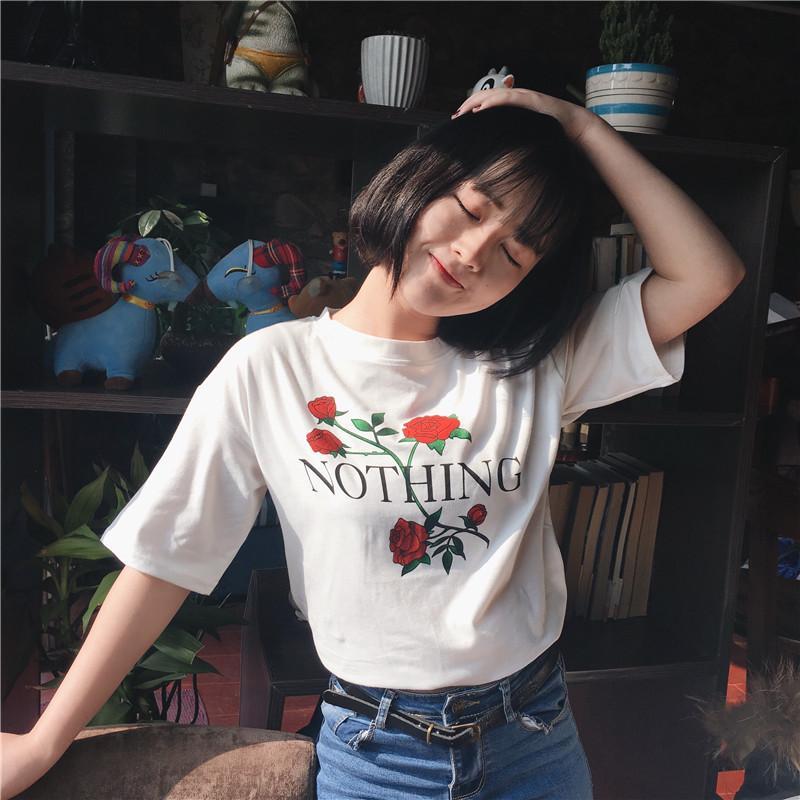 itGirl Shop NOTHING LETTERS RED ROSES FLOWERS WHITE T-SHIRT