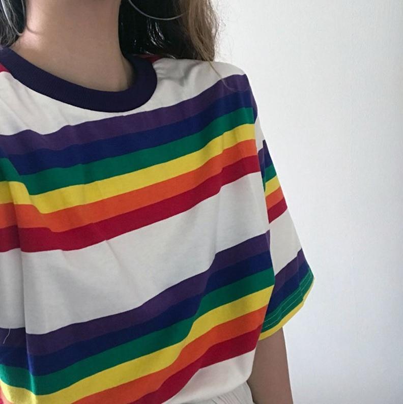 itGirl Shop | OVERSIZED TOMBOY STRIPES RAINBOW LONG T-SHIRT