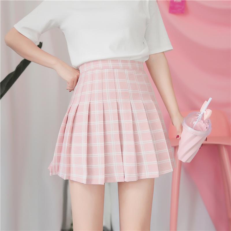 itGirl Shop | PASTEL COLOURS POPPY DOUBLE LINES PLAID PLEATED SCHOOL SKIRT