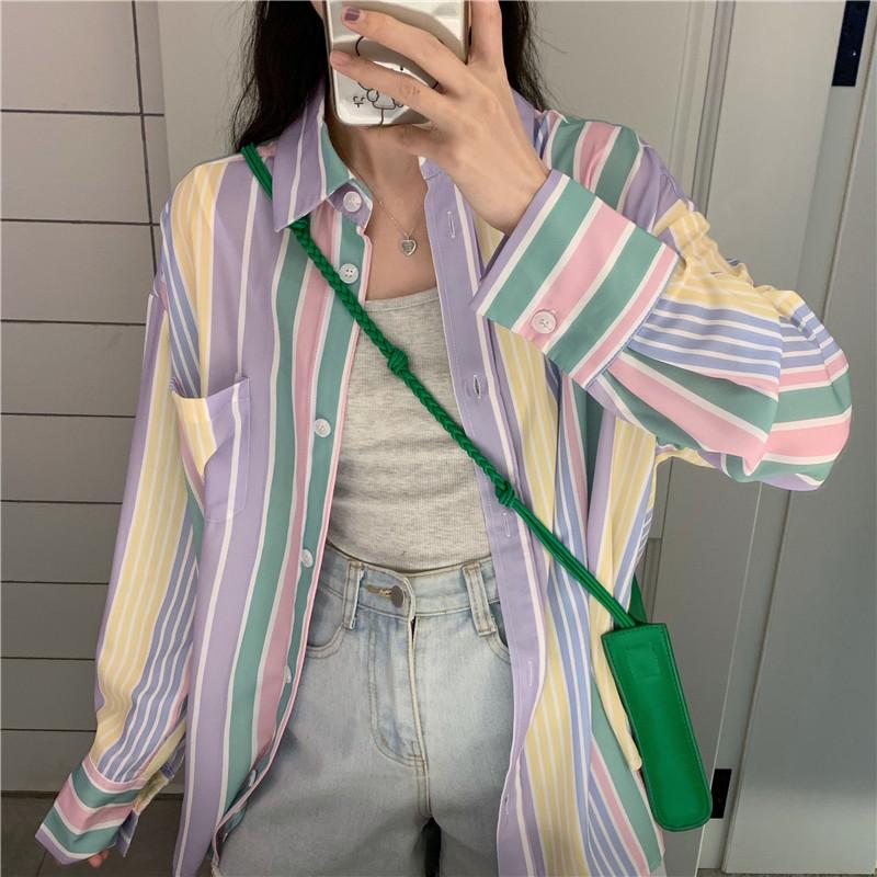 itGirl Shop | PASTEL STRIPES RETRO PAJAMAS AESTHETIC LOOSE SHIRT